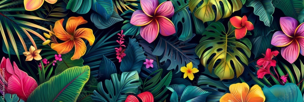 This is a stunning collection of beautifully arranged tropical flowers and lush foliage, ideal for summer themes