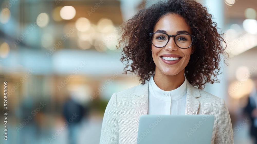 A professional woman with curly hair and glasses smiles while holding a tablet indoors, set against a modern and bright office background. A professional woman with curly hair and glasses smiles while holding a tablet indoors, set against a modern and bright office background.