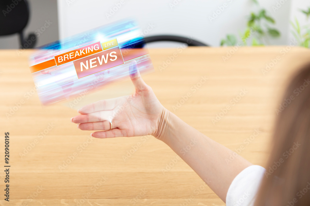 Obraz premium Future technology allows women to watch the latest news right on their palms in the form of a hologram