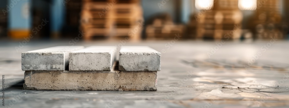 A cement block atop a cement floor, near a pallet stacked high with wooden pallets A cement block atop a cement floor, near a pallet stacked high with wooden pallets