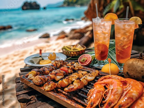 A table with food and drinks on it, including shrimp, scallops, and a variety of fruits and vegetables. The table is set on a beach, with the ocean in the background. Scene is relaxed and inviting