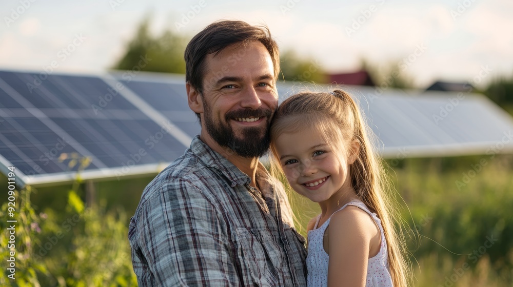 Father with his little daughter standing at solar panels, Alternative energy, saving resources and sustainable lifestyle concept. Father with his little daughter standing at solar panels, Alternative energy, saving resources and sustainable lifestyle concept.