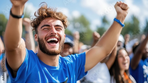 A man with a bright smile and raised fists, dressed in blue, shows excitement amid a crowd at an outdoor event, radiating joy and energy. photo