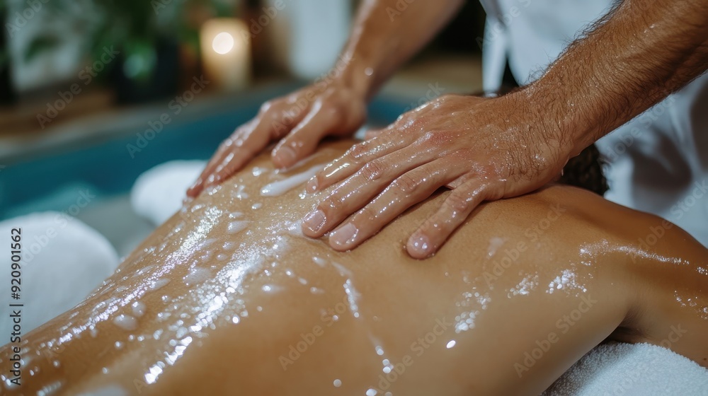 Fototapeta premium A person is lying prone on a massage table, receiving an oil massage performed by a therapist, highlighting relaxation and therapeutic benefits in a peaceful spa environment.