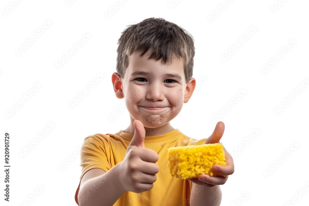 A joyful Romanian boy holding a piece of polenta and giving a thumbs up Isolated on transparent background. Studio shot. A joyful Romanian boy holding a piece of polenta and giving a thumbs up Isolated on transparent background. Studio shot.