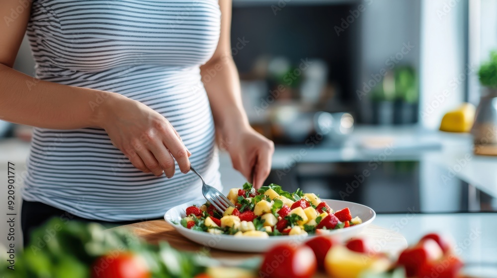 A pregnant woman is enjoying a healthy salad at her kitchen counter. The vibrant colors of the fresh ingredients and her focus on wellness are beautifully captured. A pregnant woman is enjoying a healthy salad at her kitchen counter. The vibrant colors of the fresh ingredients and her focus on wellness are beautifully captured.