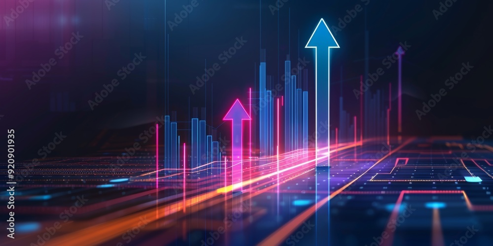 Abstract arrow graph of growth and success in business or stock market with blue glowing line on dark Abstract arrow graph of growth and success in business or stock market with blue glowing line on dark