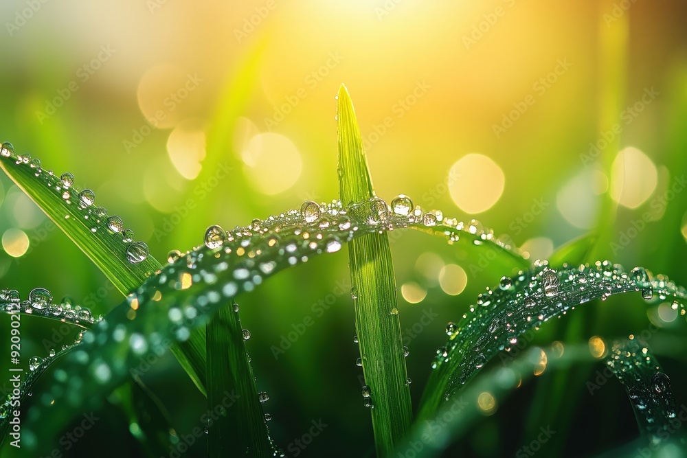 A close-up of dewdrops clinging to blades of grass at dawn, capturing the refreshing purity of nature, the mindfulness required to notice such details, and the tranquility they inspire, Copy space A close-up of dewdrops clinging to blades of grass at dawn, capturing the refreshing purity of nature, the mindfulness required to notice such details, and the tranquility they inspire, Copy space