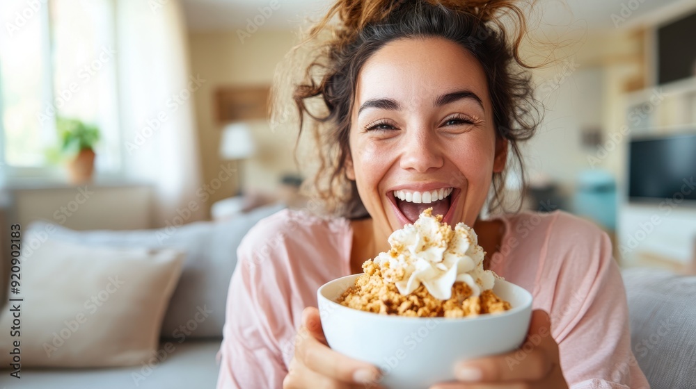 A joyful young woman with curly hair enthusiastically indulges in a bowl of cereal, illustrating a happy and relaxed morning at home with bright, positive energy. A joyful young woman with curly hair enthusiastically indulges in a bowl of cereal, illustrating a happy and relaxed morning at home with bright, positive energy.
