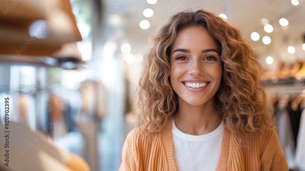 A cheerful woman is seen browsing through clothing racks in a brightly lit clothing store, exuding a vibrant and lively atmosphere perfect for casual shopping adventures. A cheerful woman is seen browsing through clothing racks in a brightly lit clothing store, exuding a vibrant and lively atmosphere perfect for casual shopping adventures.