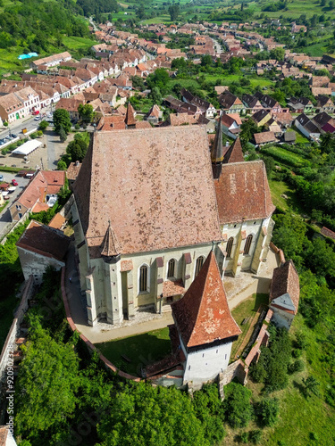 Fotografie Aerial view of Biertan Lutheran fortified church, in Sibiu County of Transylvani