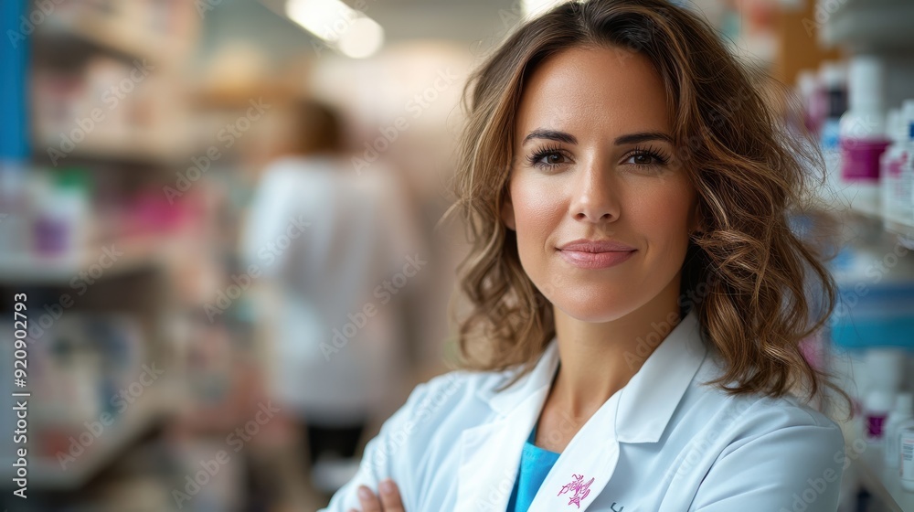 A confident pharmacist stands in a well-stocked pharmacy, highlighting an environment of professionalism, trust, and the availability of various medical supplies. A confident pharmacist stands in a well-stocked pharmacy, highlighting an environment of professionalism, trust, and the availability of various medical supplies.