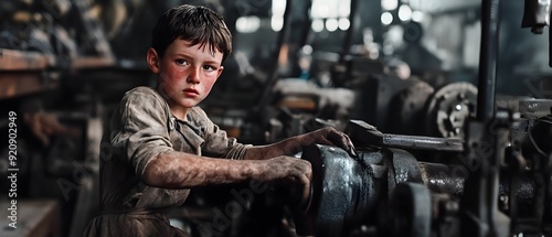 Desperate and exhausted young boy working tirelessly on machinery in a gritty 20th century industrial factory setting documenting the harsh realities of child labor exploitation