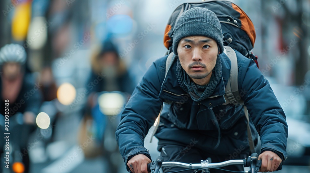 Fototapeta premium Man Riding Bicycle Through City