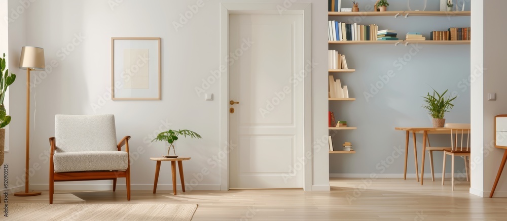 white wall with an open door leading to the dining room, featuring bookshelves and wooden furniture. white wall with an open door leading to the dining room, featuring bookshelves and wooden furniture.