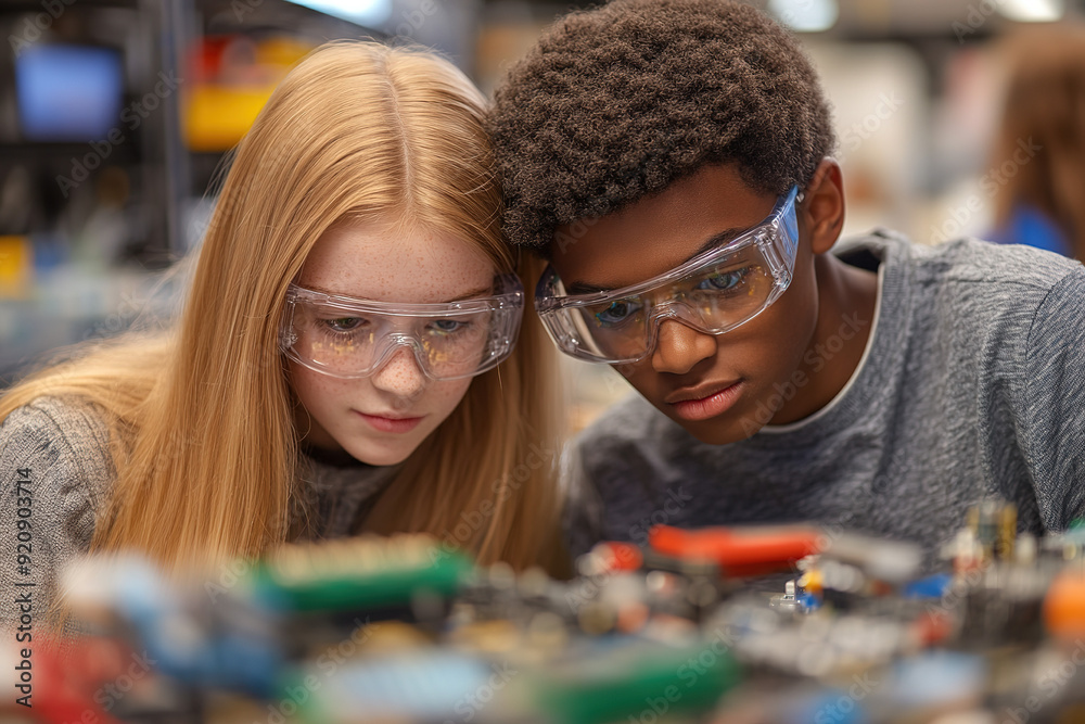 Fototapeta premium A teenage girl and boy in a science classroom, wearing safety glasses, intensely collaborating on an electronic device, analyzing its inner workings. Realistic art style with detailed focus.