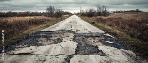Abandoned cracked and uneven rural road winding through the desolate countryside with deep potholes and overgrown weeds and debris under a moody gray sky that creates a dramatic atmospheric