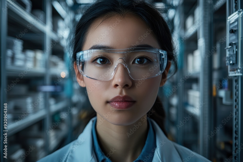 A young scientist with safety goggles stands in a lab's shelving area, representing diligence, focus, and a commitment to scientific progress, surrounded by neat rows of lab materials. A young scientist with safety goggles stands in a lab's shelving area, representing diligence, focus, and a commitment to scientific progress, surrounded by neat rows of lab materials.