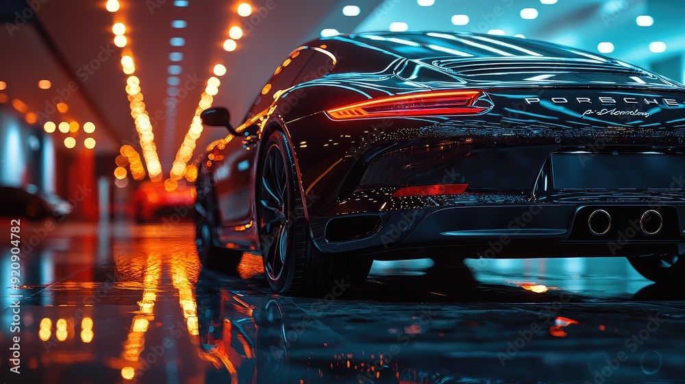 A sleek black sports car reflecting lights in a modern garage, embodying luxury and high performance. A sleek black sports car reflecting lights in a modern garage, embodying luxury and high performance.