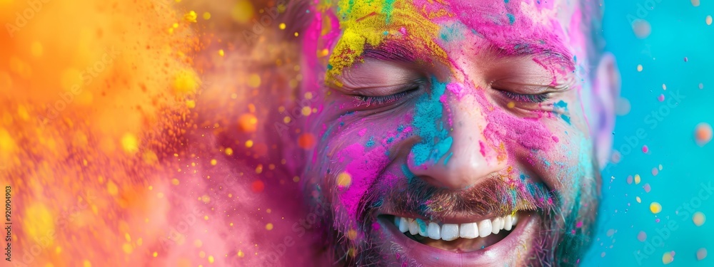 A man, eyes closed, smiles at the camera with powder-covered face, multi-colored A man, eyes closed, smiles at the camera with powder-covered face, multi-colored