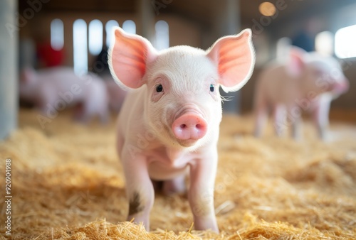 Close-up of a pink piglet standing in straw photo