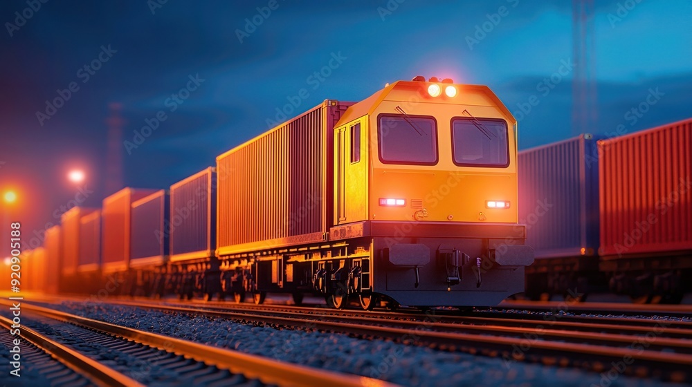 Fototapeta premium A vibrant night scene of a freight train transporting colorful cargo containers along railway tracks under a glowing sky.