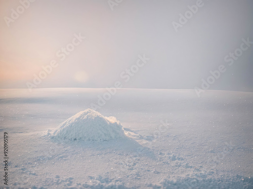 A small mound of snow sits in the middle of a vast, empty field