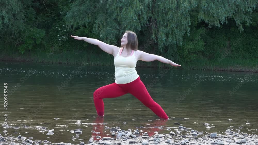 Woman makes yoga exersices in the river during hot summer day. Wet yoga style Woman makes yoga exersices in the river during hot summer day. Wet yoga style