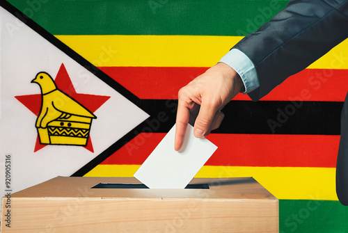 A hand holds a ballot paper in a ballot box against the background of the Zimbabwe flag. People cast ballots into a ballot box with the Zimbabwe flag in the background. photo