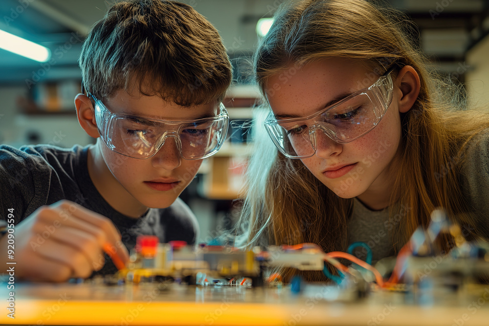 Fototapeta premium Young teens in a science lab, wearing safety glasses, working on an electronic device with intense concentration, examining its internal workings. Realistic portrayal with detailed art.