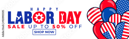 USA Happy Labor Day celebration sale promotion background or banner design template with American flag balloon. Labour day Safety hard hat and Construction tools background.