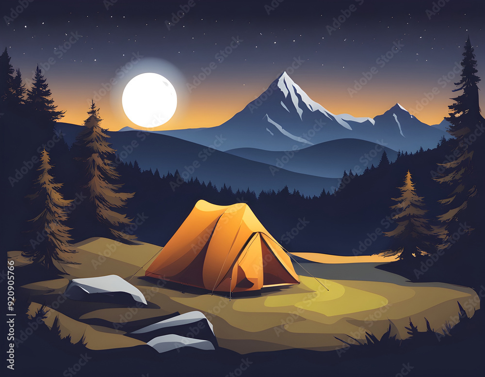 Night landscape in the mountain with camp. Vector scenery illustration background Night landscape in the mountain with camp. Vector scenery illustration background