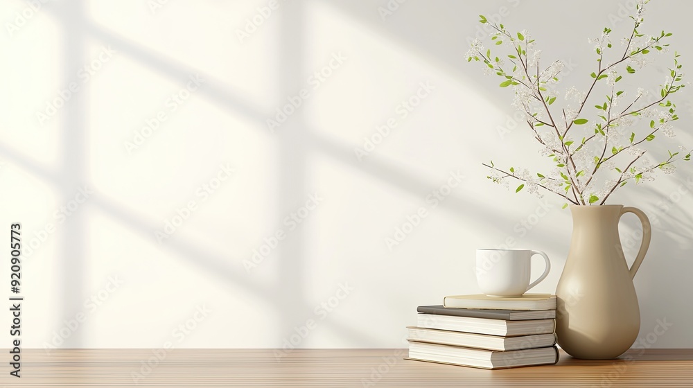 A serene home office showcases clean lines, with a wooden desk holding an olive branch, coffee cup, and neatly stacked books, creating an inviting workspace A serene home office showcases clean lines, with a wooden desk holding an olive branch, coffee cup, and neatly stacked books, creating an inviting workspace