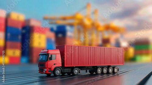 A bright red truck transporting cargo near shipping containers, illustrating logistics and freight transportation.