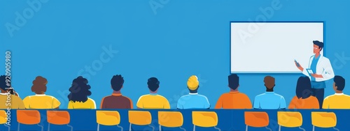  A man delivering a presentation to an audience, surrounded by a projector screen and a blue wall behind him