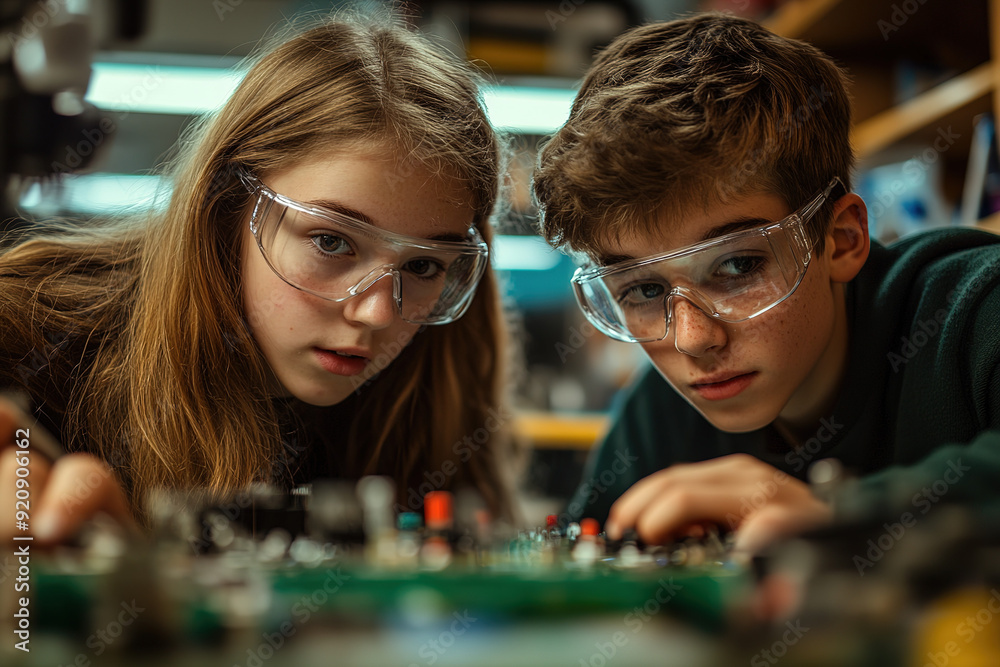 Fototapeta premium Focused teenage girl and boy in a science classroom, using safety glasses and collaborating on an electronic device, delving into its inner mechanisms. Detailed, realistic artwork.
