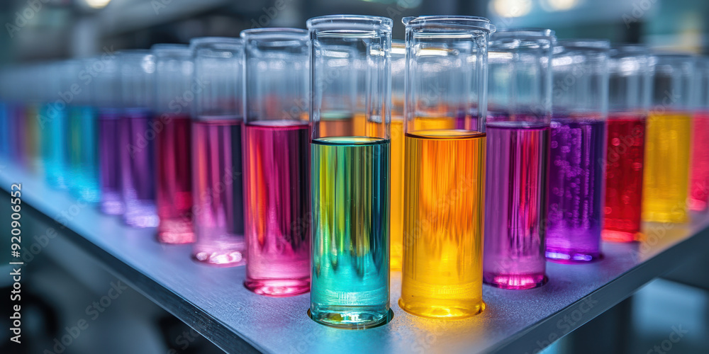 Color glass test tubes in modern science lab, laboratory research experiment background panorama