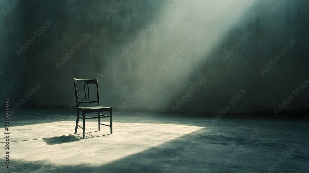 A solitary chair in the middle of a vast, empty room with echoing shadows, symbolizing loneliness and isolation in mental health.


