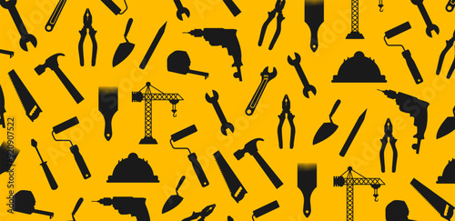 USA Happy Labor Day celebration construction tools and crane pattern background or banner design template. Labour day Safety hard hat and Construction tools background.