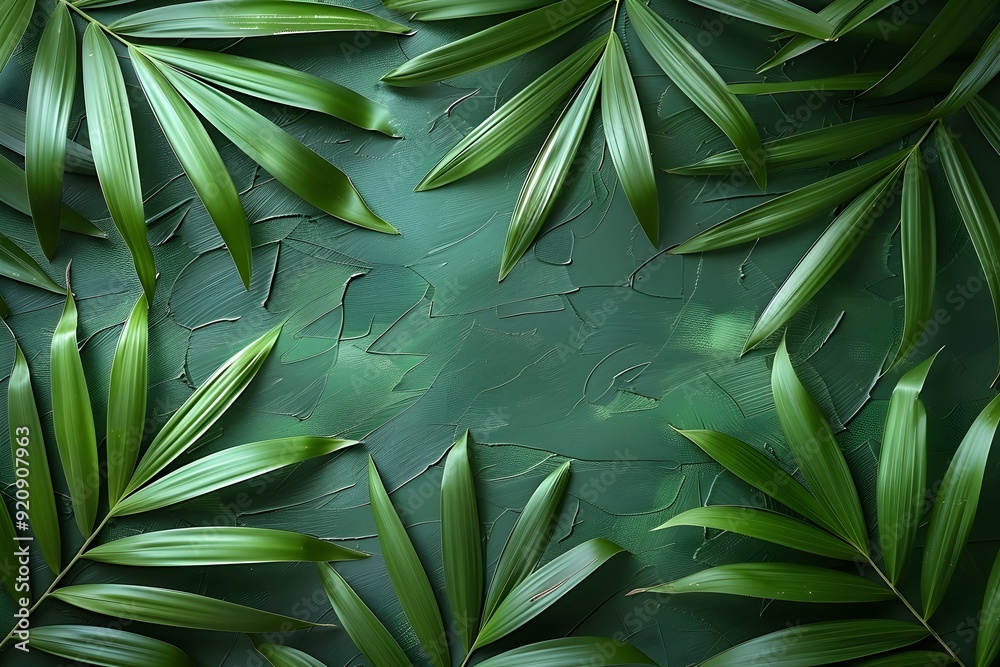 Fototapeta premium Tropical Green Palm Leaves on Textured Green Background - Nature, Botanical, and Decorative Design for Print, Card, Poster