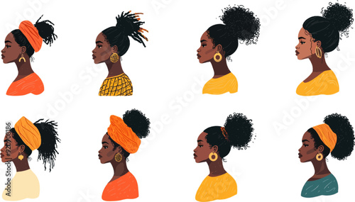 Set of vector portraits of African American women with different hairstyles in side profile.Various hair textures and accessories including earrings and headbands.For use in diversity-themed projects,