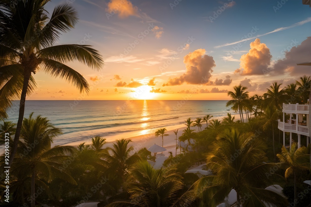 Obraz premium sunrise at a caribbean coast real estate beach resort with tropical palms