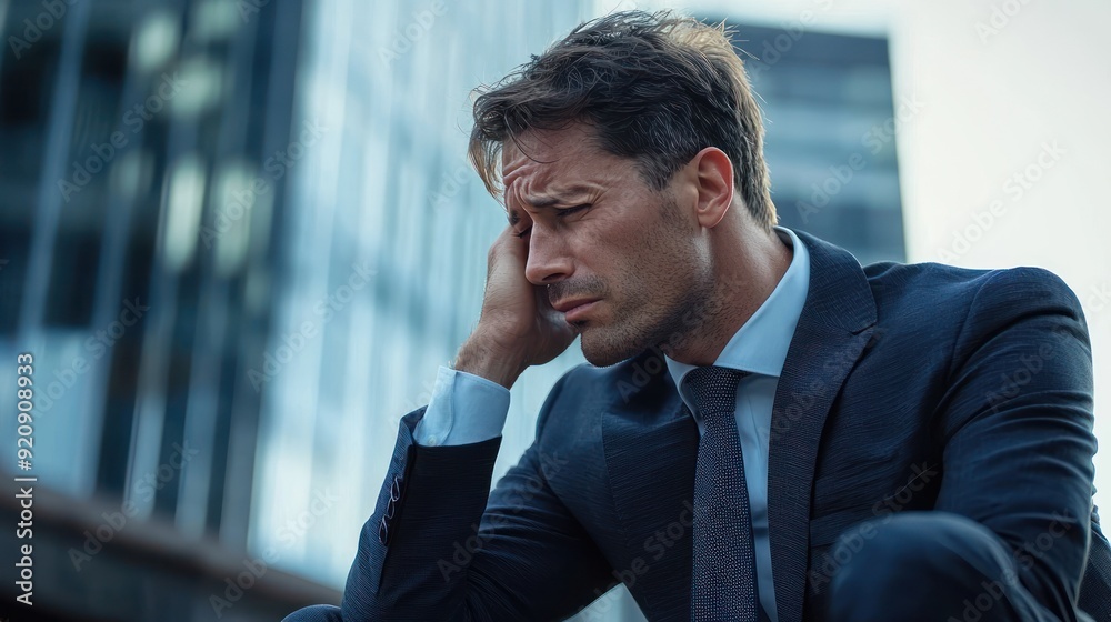 Tired businessman holding his head in hands in a suit stressed Tired businessman holding his head in hands in a suit stressed