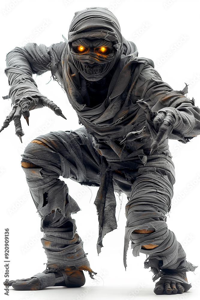 Fototapeta premium a model wearing a mummy costume for halloween isolated on white background