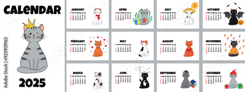 Wall calendar for 2025 with cute flat style cats. Different cats for each month. Set of 12 pages. Vector illustration