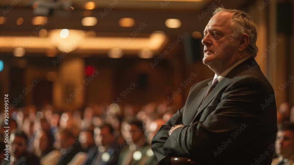 Man in a Suit Looking to the Right, Audience Blurry in Background Man in a Suit Looking to the Right, Audience Blurry in Background