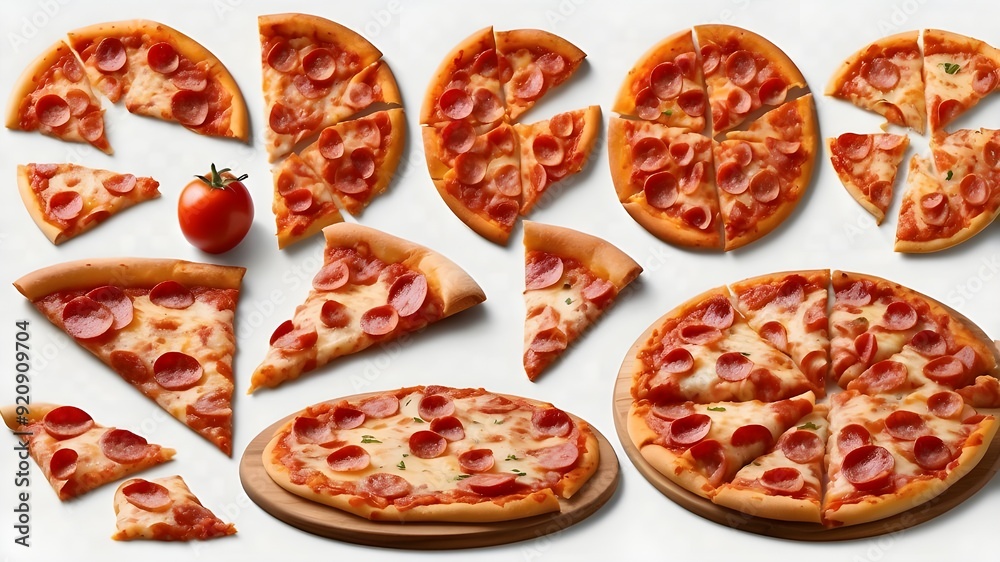 A collection of entire, cheesy Italian pizzas with pepperoni, isolated on a clear background. A collection of entire, cheesy Italian pizzas with pepperoni, isolated on a clear background.