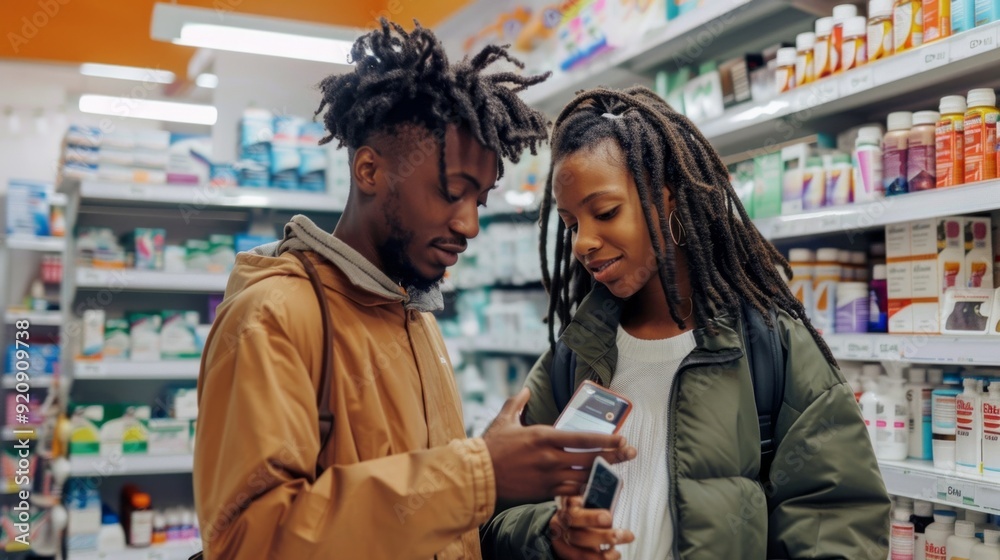 A man and a woman are looking at a cell phone in a store A man and a woman are looking at a cell phone in a store