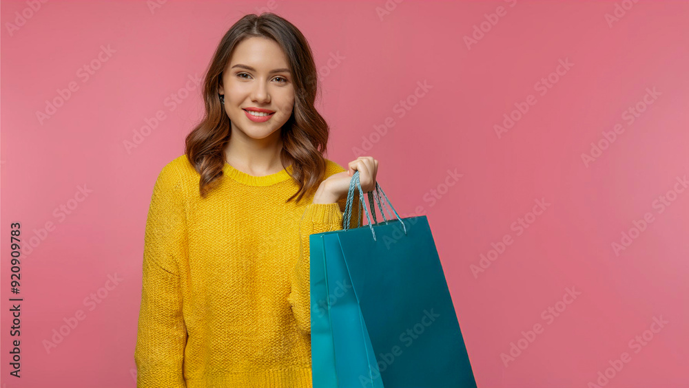 Smiling young brunette woman girl in yellow sweater posing isolated on pink background. People lifestyle concept. Mock up copy space. Hold package bag with purchases after shopping point finger aside. Smiling young brunette woman girl in yellow sweater posing isolated on pink background. People lifestyle concept. Mock up copy space. Hold package bag with purchases after shopping point finger aside.