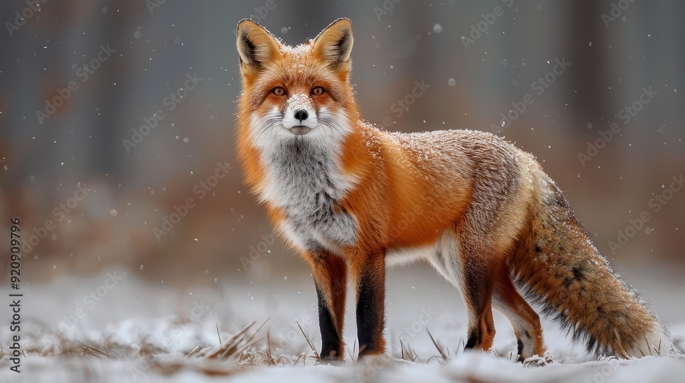 Red Fox Standing in Snow with Falling Snowflakes